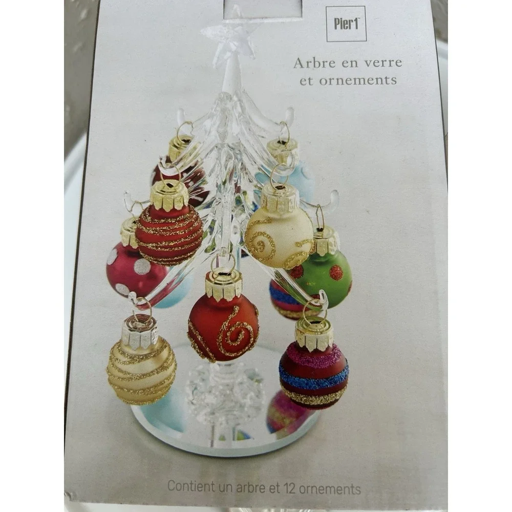 Pier 1 Mini Glass Tree with 12 Christmas Ornaments Holiday Decor 6